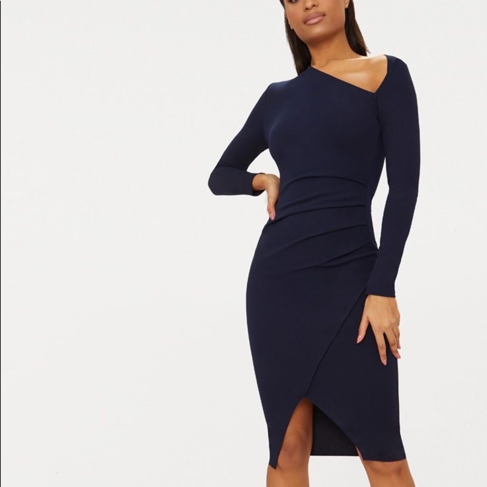 NAVY ASYMMETRIC NECK PLEATED WRAP MIDI DRESS